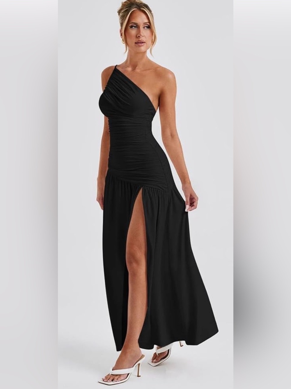 Asymmetric One-Shoulder Black Maxi Dress with High Slit